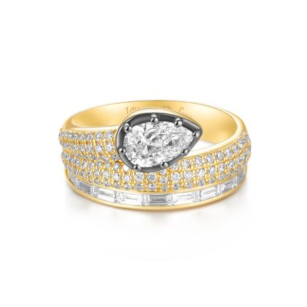 TJR095 PEAR, TAP BAGUETTES, ROUND SOLI PAVE BRIDAL RING