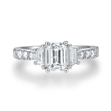 TJR074 EMERALD, TRAPEZOID HIDDEN HALO BRIDAL RING